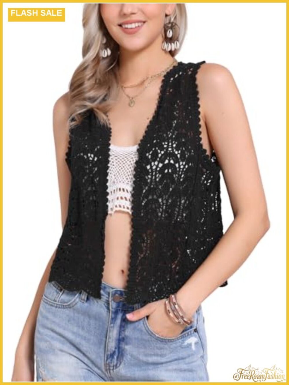 Women's Sleeveless Floral Crochet Vest Cardigan Boho Open Front Beach Cover Up